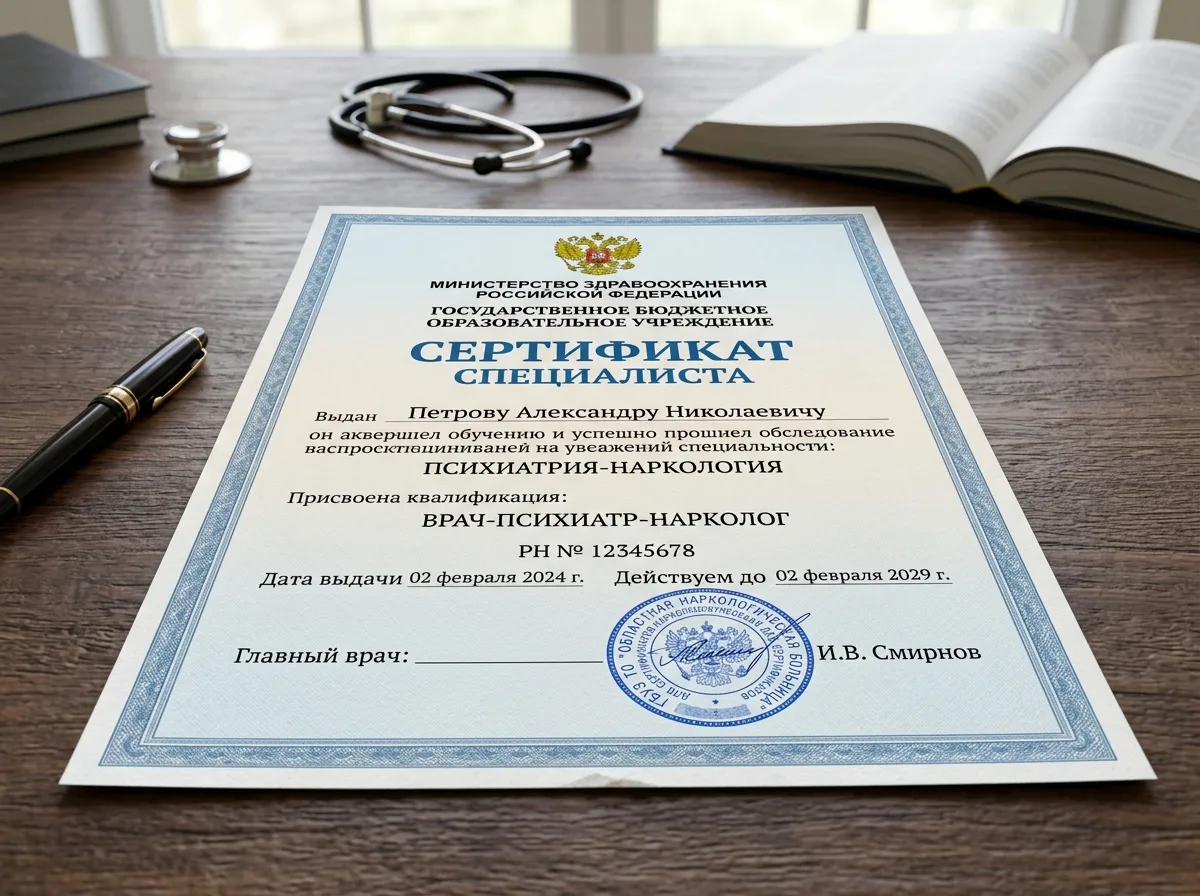 Сертификат специалиста врача психиатра-нарколога, официальный бланк Минздрава РФ, синяя печать и подпись главного врача